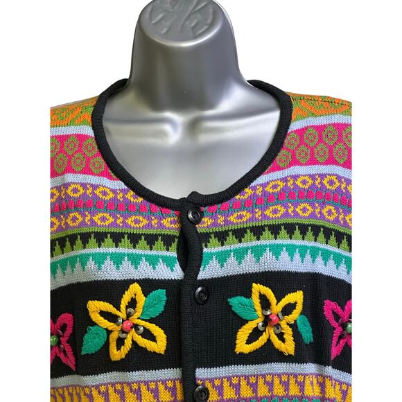 LizWear Vintage 1990's Knit Cotton Floral Embroidered Short Sleeve Cardigan-S - Picture 2 of 11